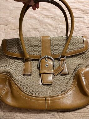 Coach Tan & Khaki Signature Canvas Tote with Leather Trim